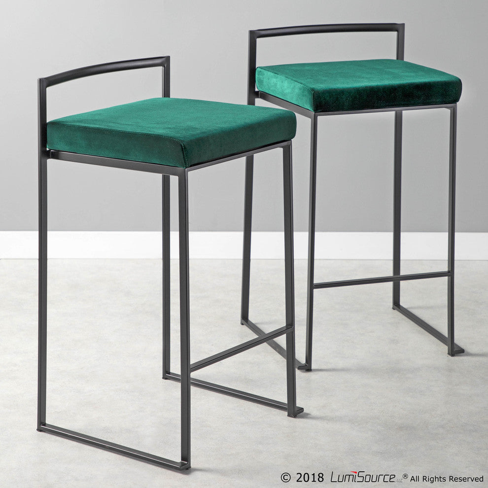 LumiSource Fuji Counter Stool Set of 2, Green Velvet Cushion, Black Frame