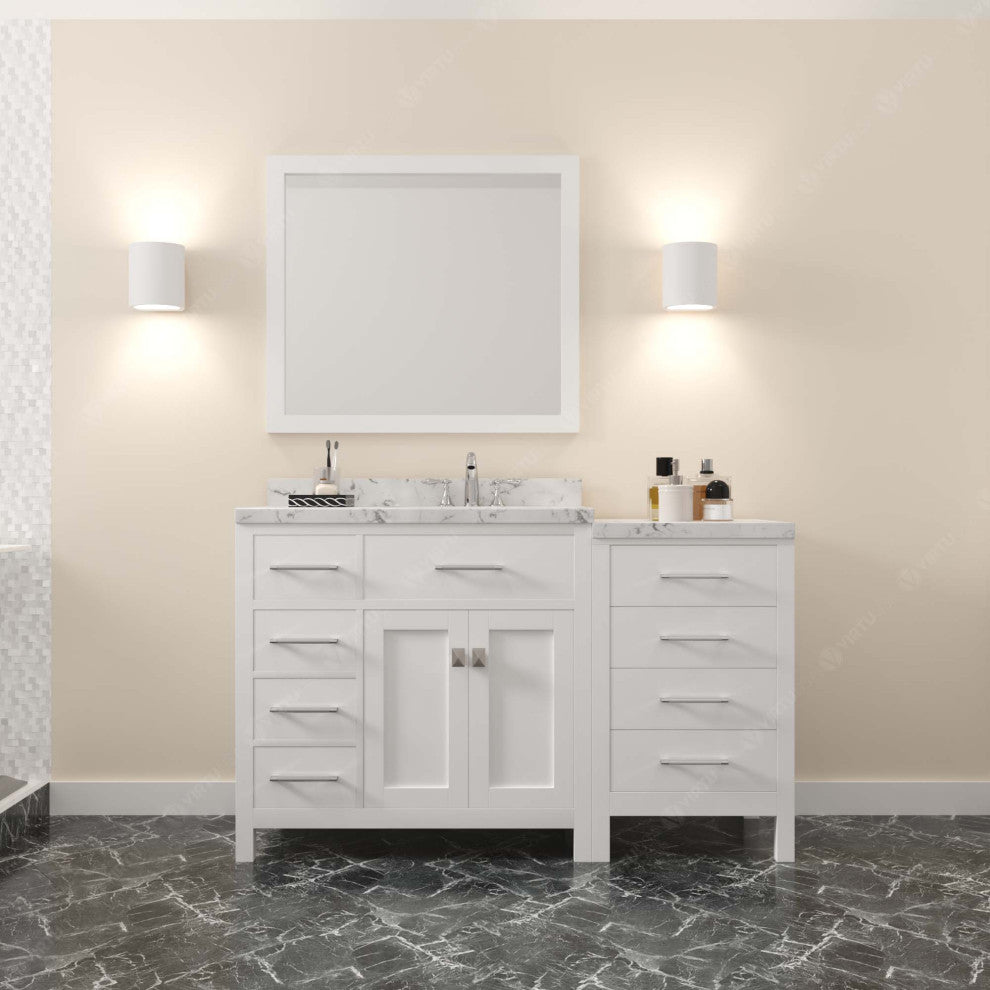 Caroline Parkway 57" Bath Vanity, White With Marble Quartz Top