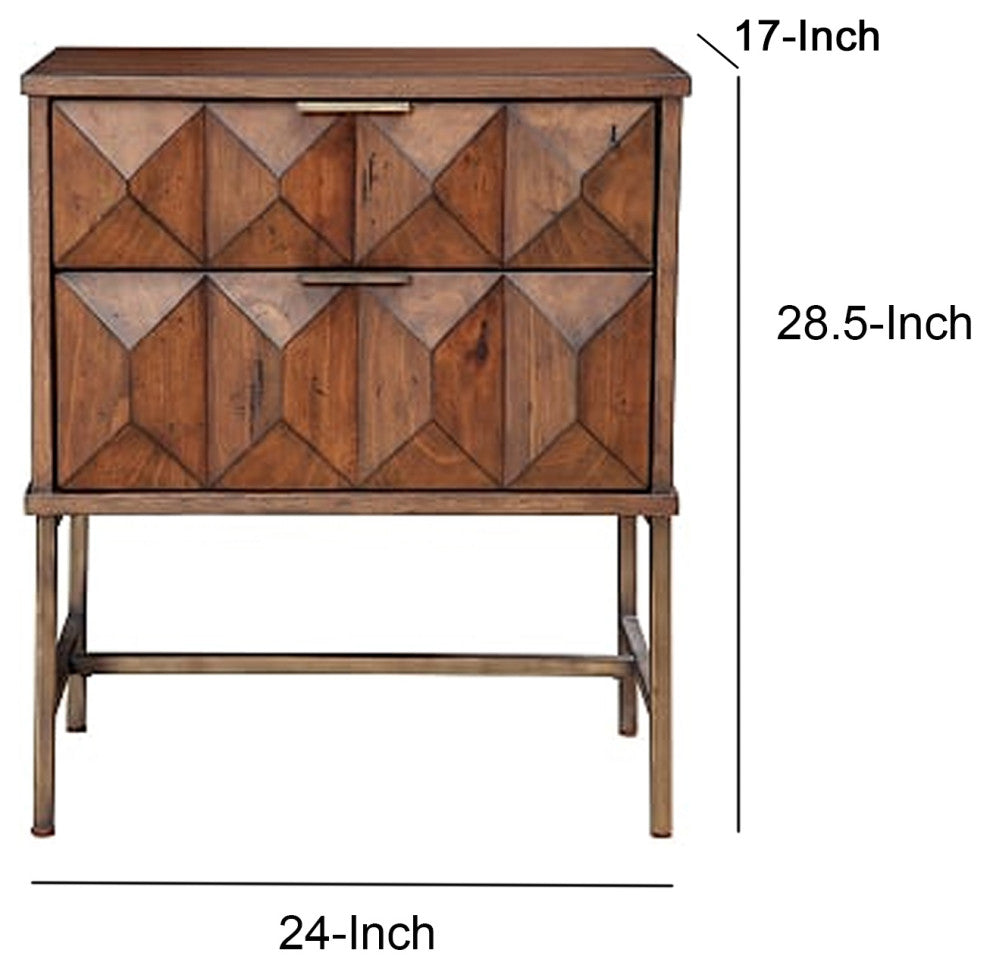 Benzara BM206680 2 Drawer Nightstand With Honeycomb Design and Metal Legs, Brown