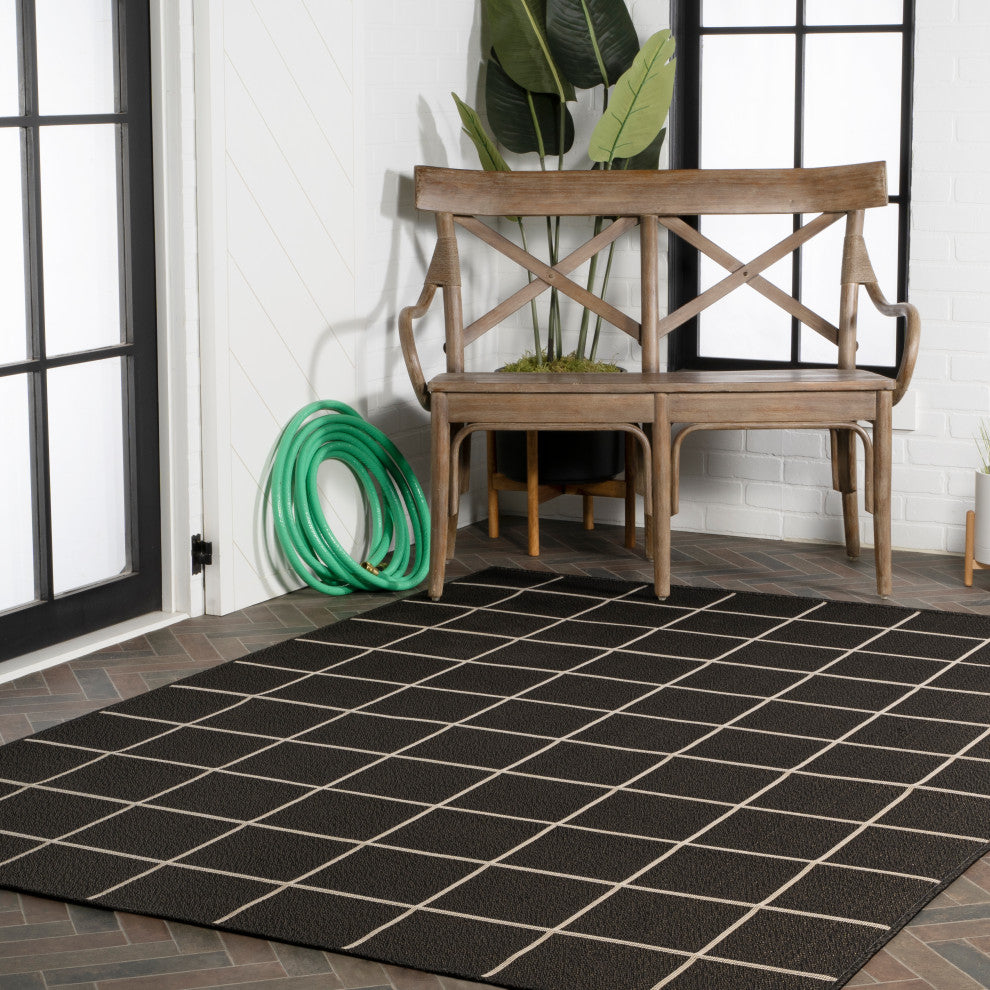 Grid Modern Squares Indoor/Outdoor Area Rug, Black/Cream, 8x10