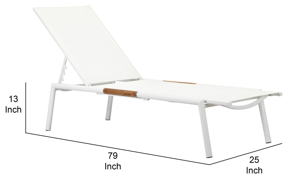 Benzara BM287797 Chaise Lounger, White Aluminum Frames, Teak Accent, 2-Piece Set
