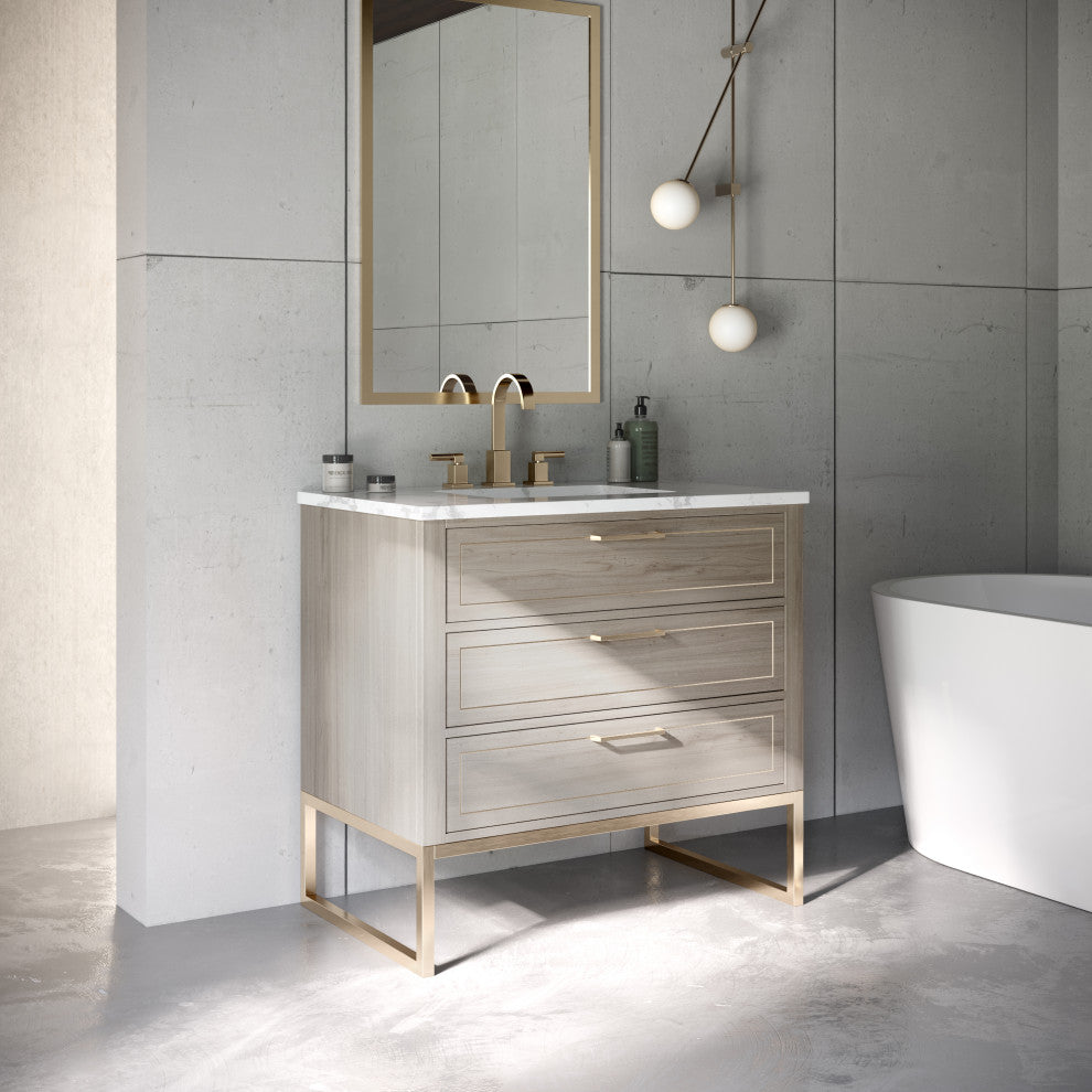 Markham 36" Single Bath Vanity Set, Cashmere Gray/Satin Brass, Quartz Countertop