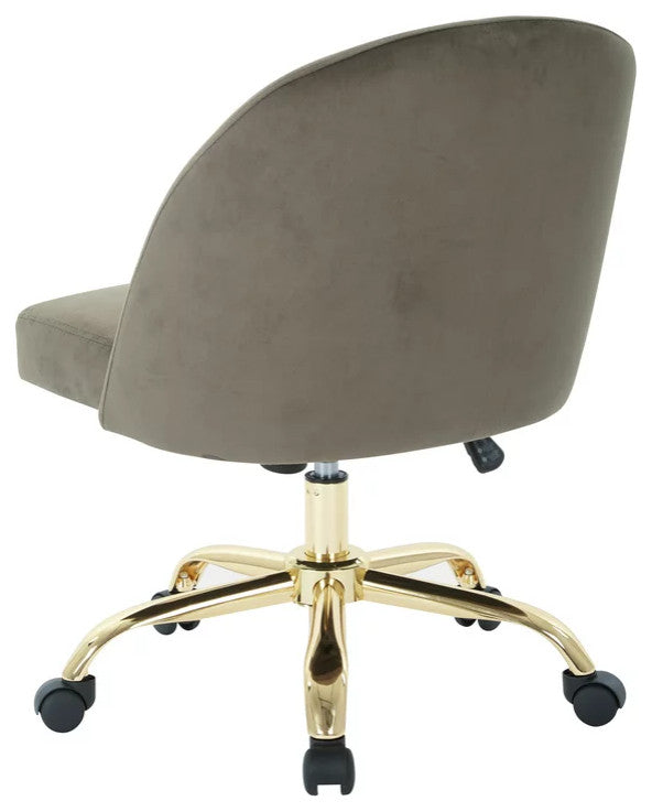 Elegant Office Chair, Golden Base With Padded Seat & Curved Back, Brown Velvet