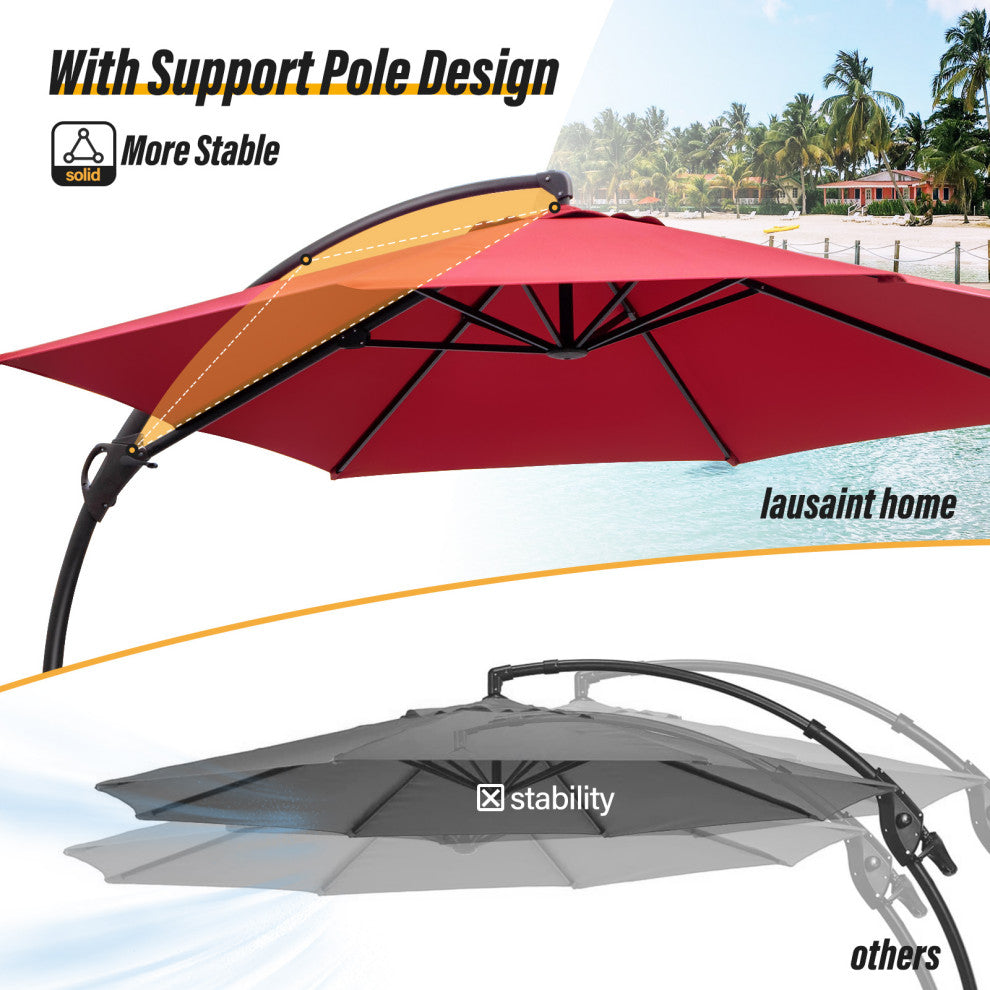 11' Outdoor Patio Hanging Cantilever Curvy Umbrella With 360 Rotation, Red