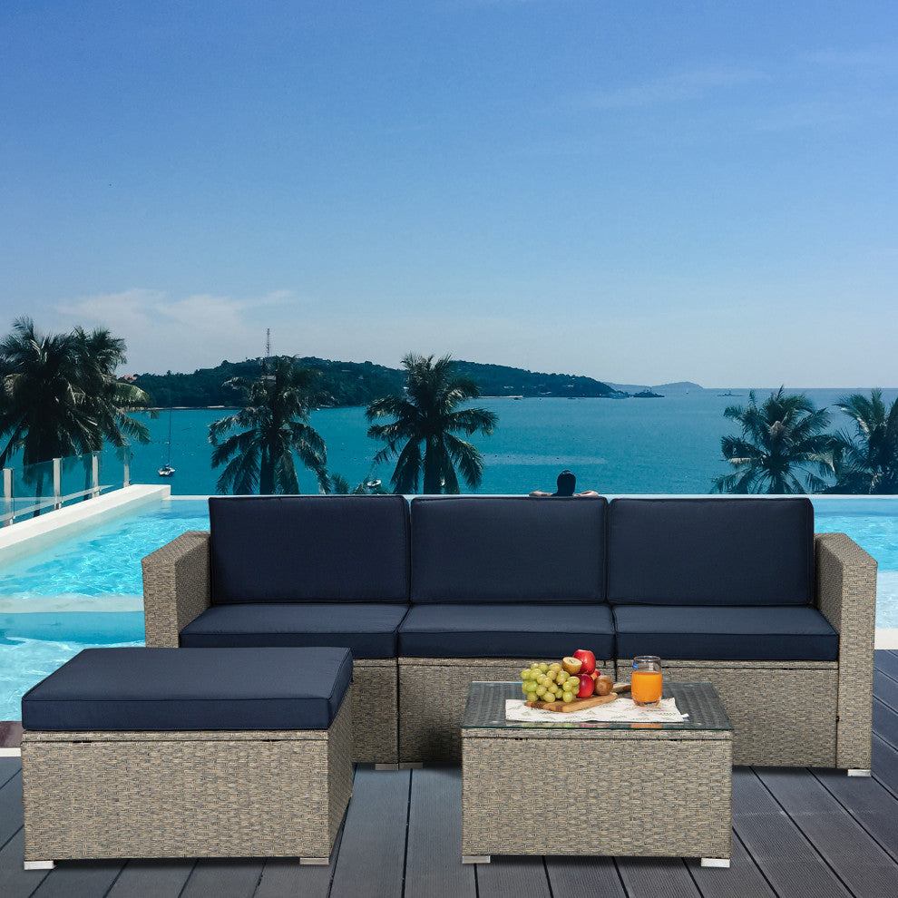 84" Wide Outdoor Wicker Reversible Patio Sectional With Cushions, Navy