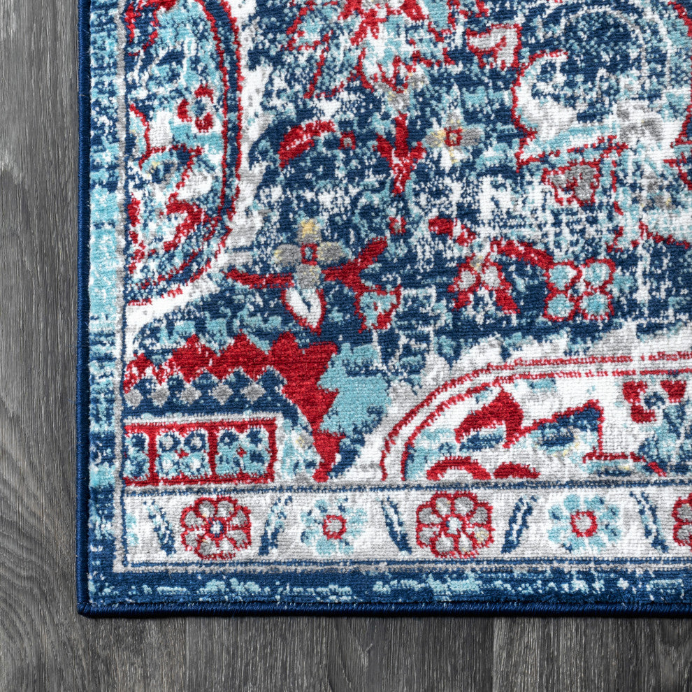 Modern Persian Vintage Medallion Red/Navy 2' x 8' Runner Rug