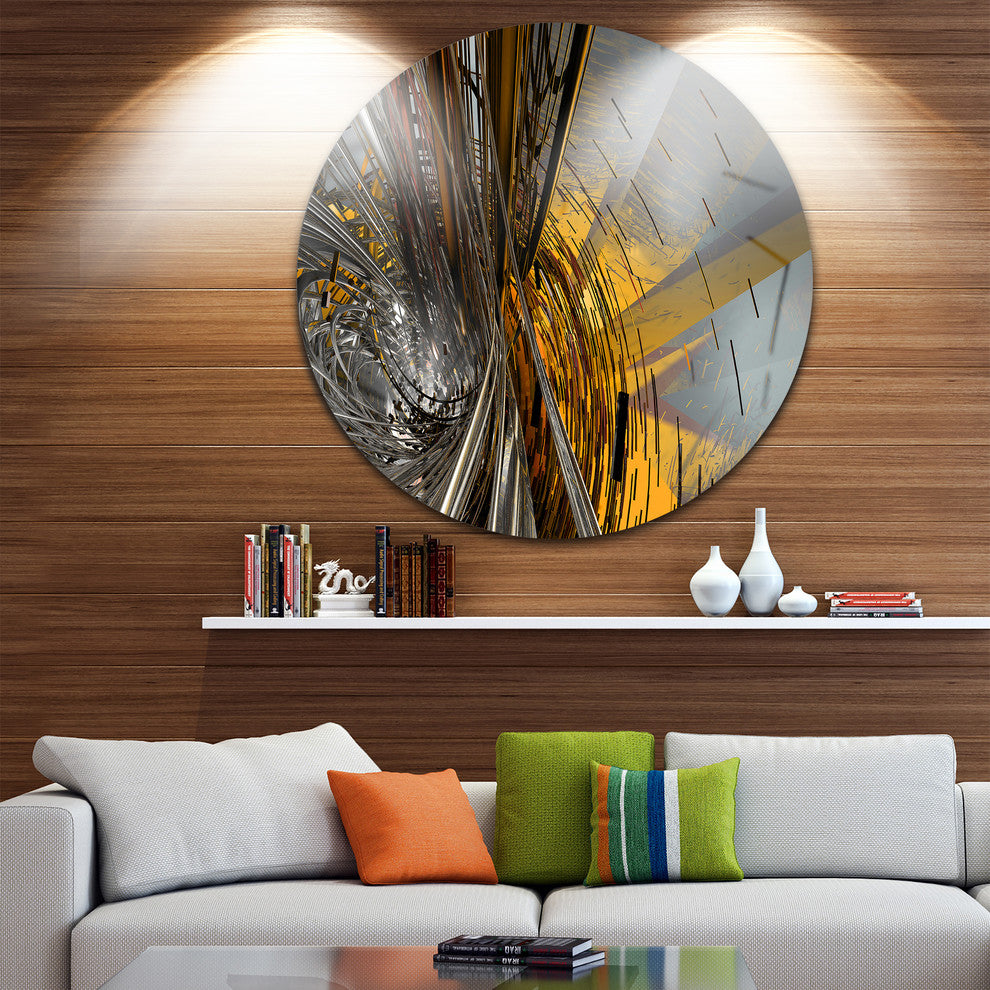 Fractal Yellow Connected Stripes, Abstract Art Disc Metal Artwork, 11"