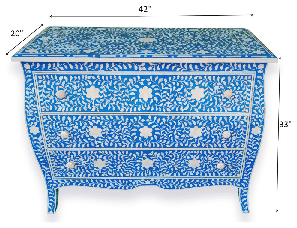 Curved French Style Bone Inlay Dresser Chest in Blue