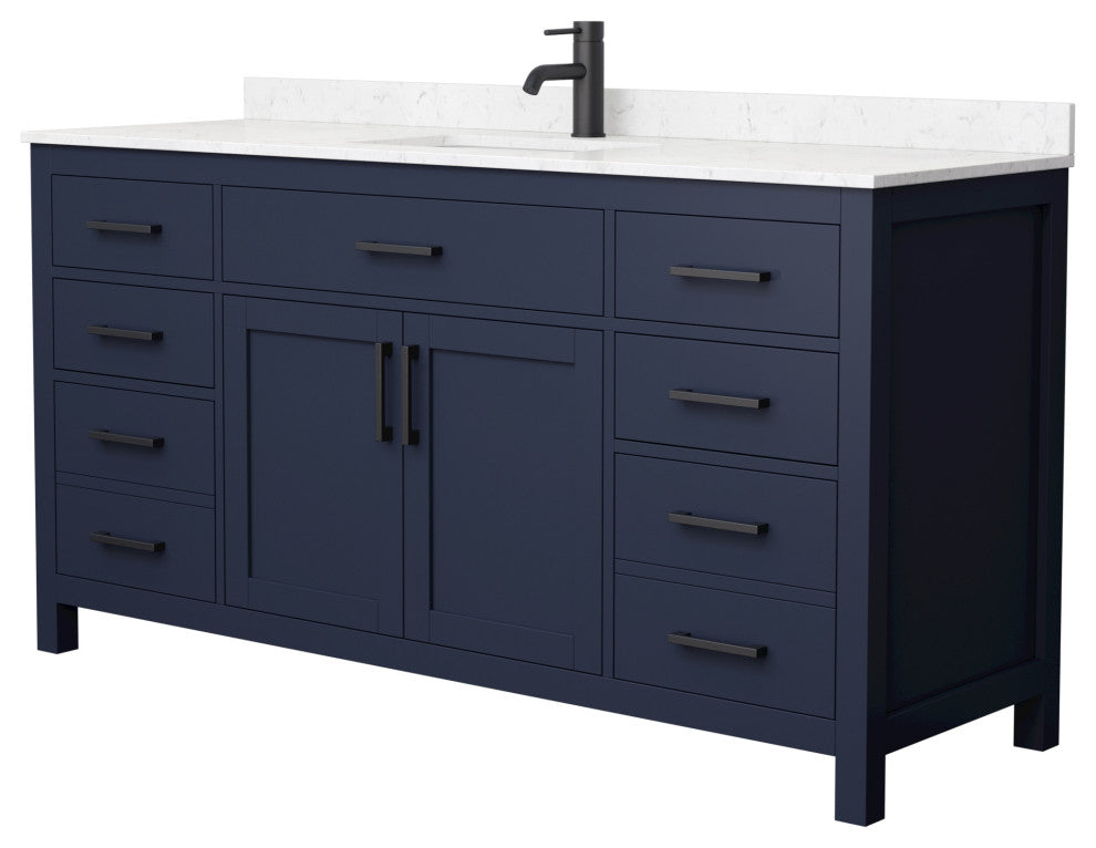 66"SGL Vanity Dark Blue, Carrara Cult. Marble Countertop, Sink, Black Trim