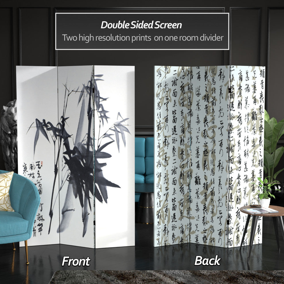 6'' Tall Double Sided Bamboo Calligraphy Canvas Room Divider