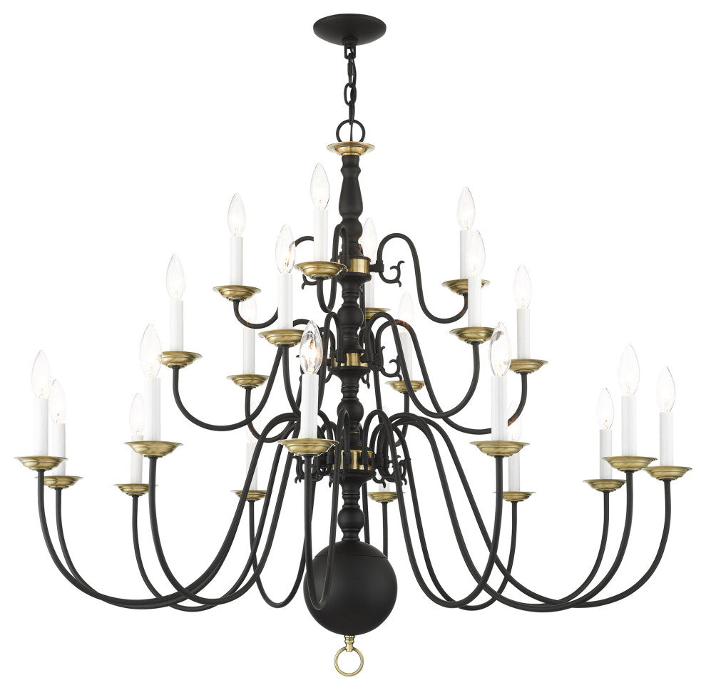 Livex Williamsburg 22 Light Black, Antique Brass Grande 3-Tier Foyer Chandelier