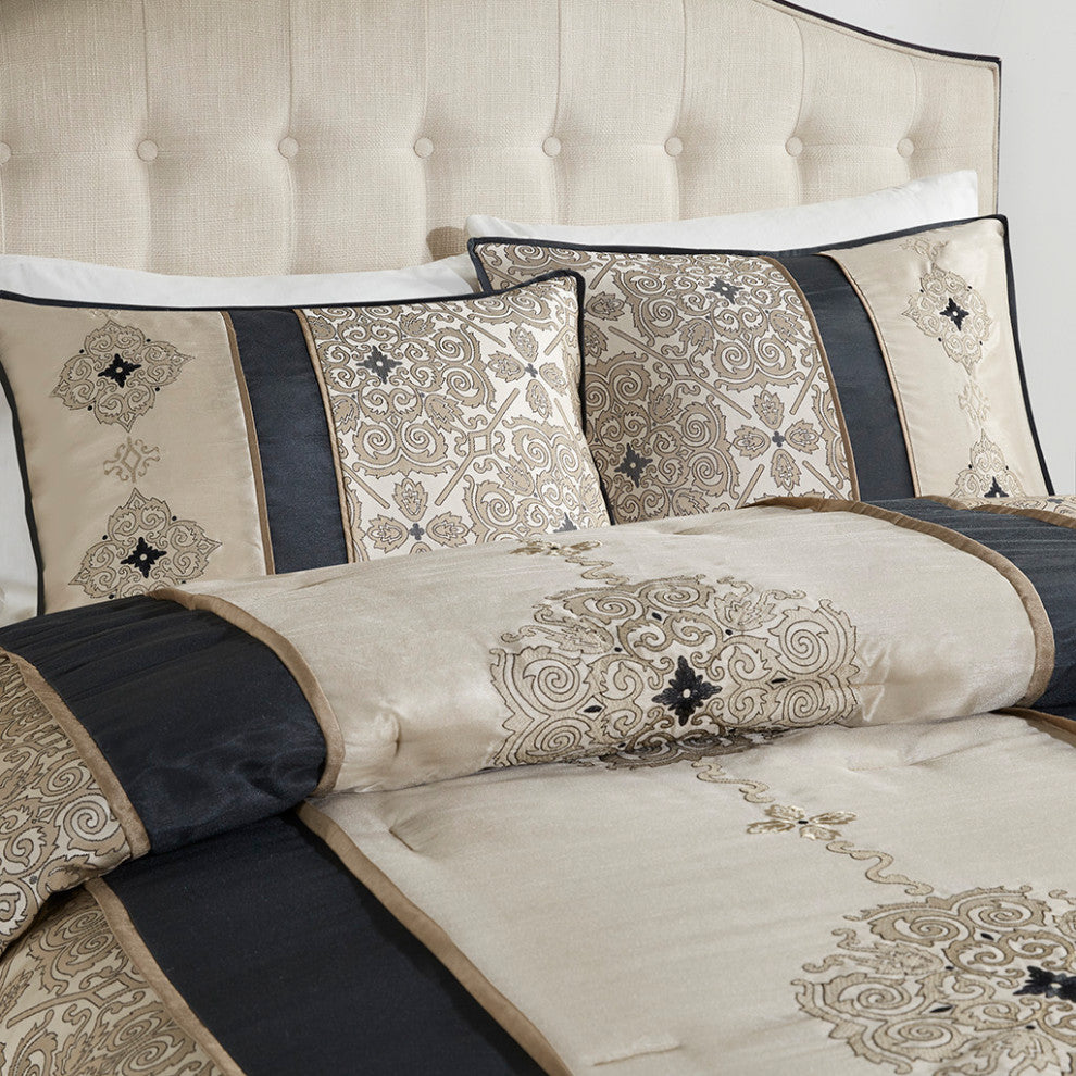 Madison Park Donovan 7 Piece Jacquard Comforter Set With Throw Pillows, Black