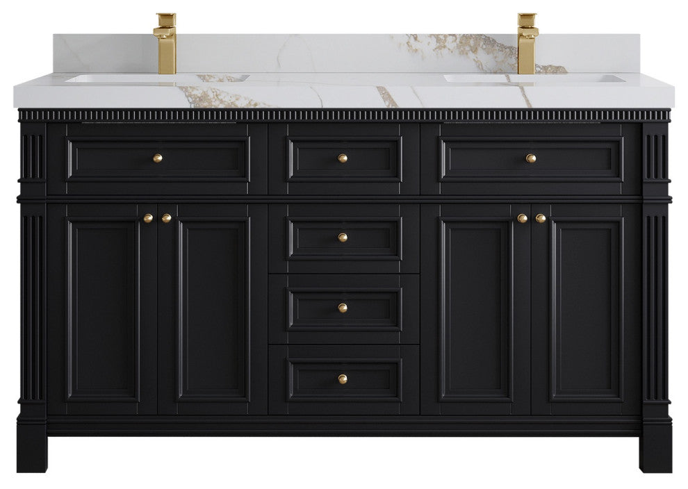 Paris 60" Double Sink Bathroom Vanity, Black 2" Calacatta Gold