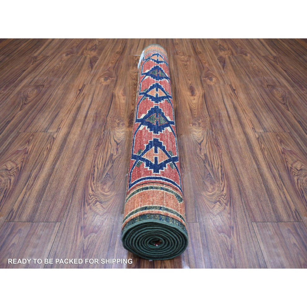 Olive Green Turkeman Ersari Hand Knotted Pure Wool Oriental Rug, 4'0" x 9'8"