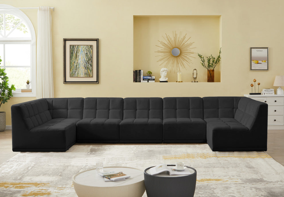 Relax Velvet Upholstered 7-Piece U-Shaped Modular Sectional, Black