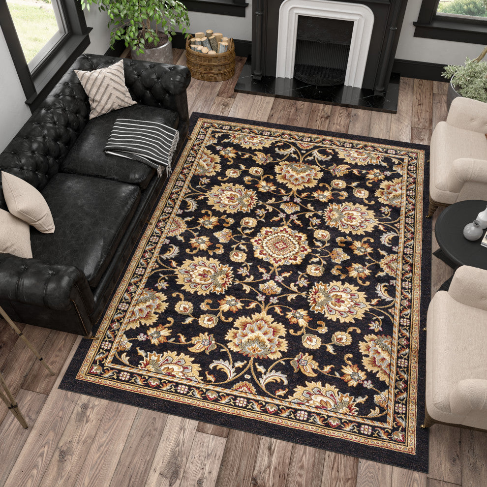 Charlotte Traditional Oriental Black Rectangle Area Rug, 9'x12'