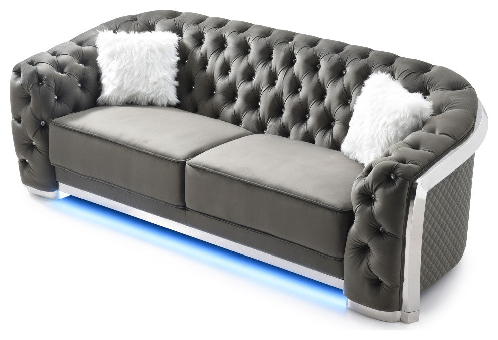 Sapphire Black Tufted Velvet Sofa With LED Lights, Gray