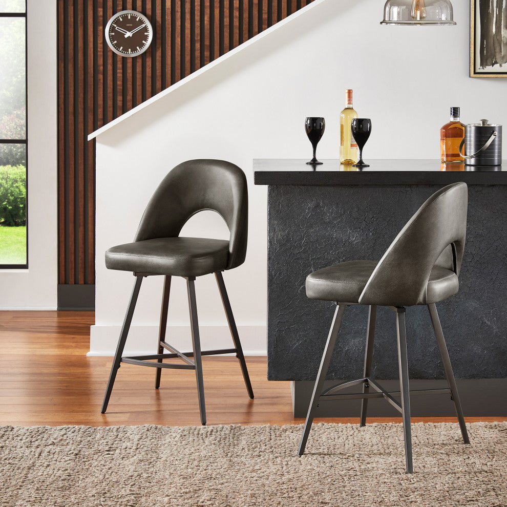 Tierno 24" Counter Height Metal Swivel Stools, Set of 2, Dark Grey PU Leather