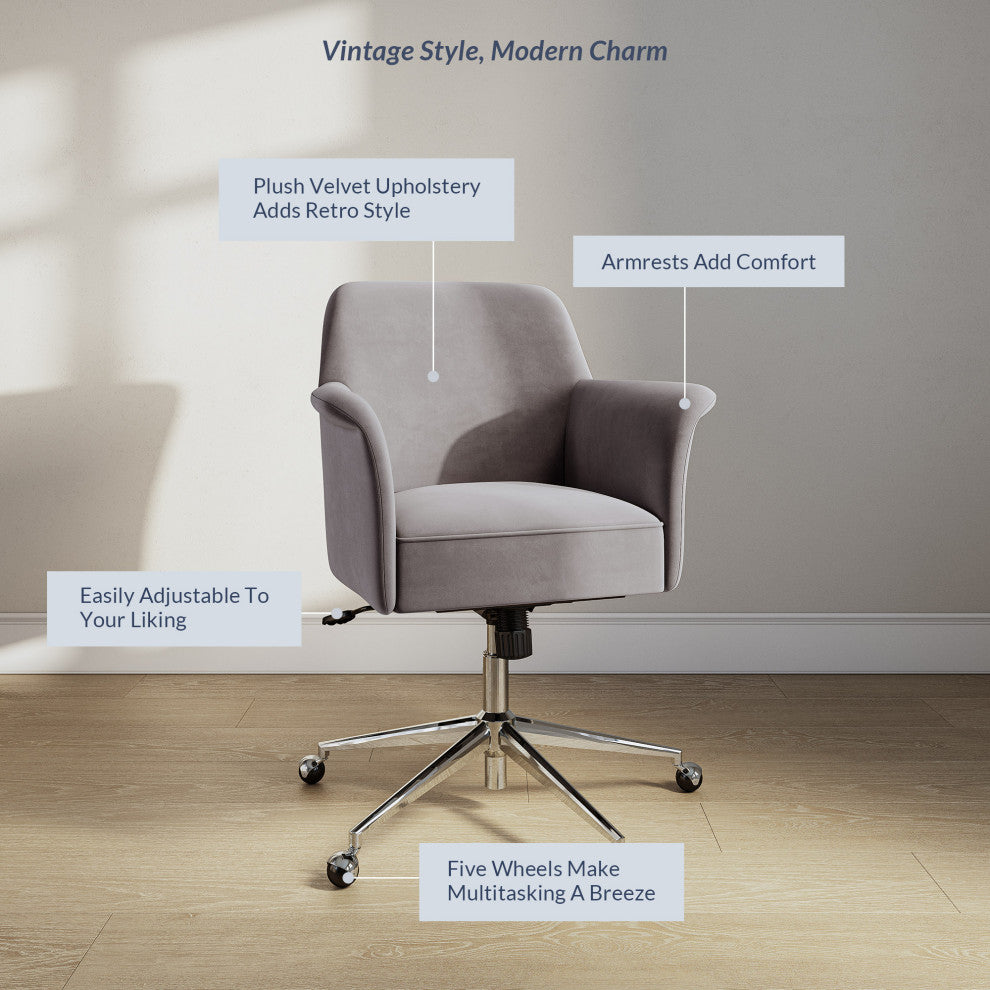 Modern Velvet Desk Chair, Rolling/Swivel, Gray