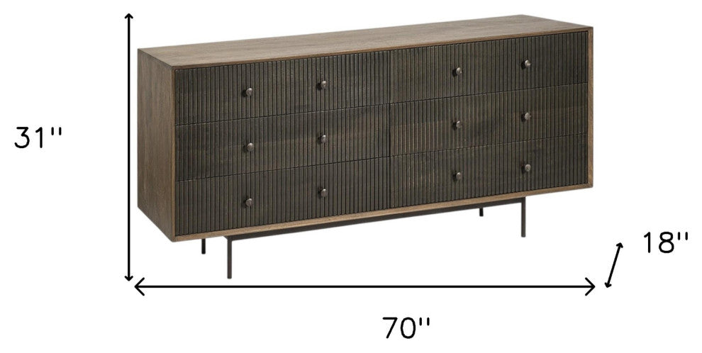 70" Brown and Black Solid Wood Six Drawer Sideboard