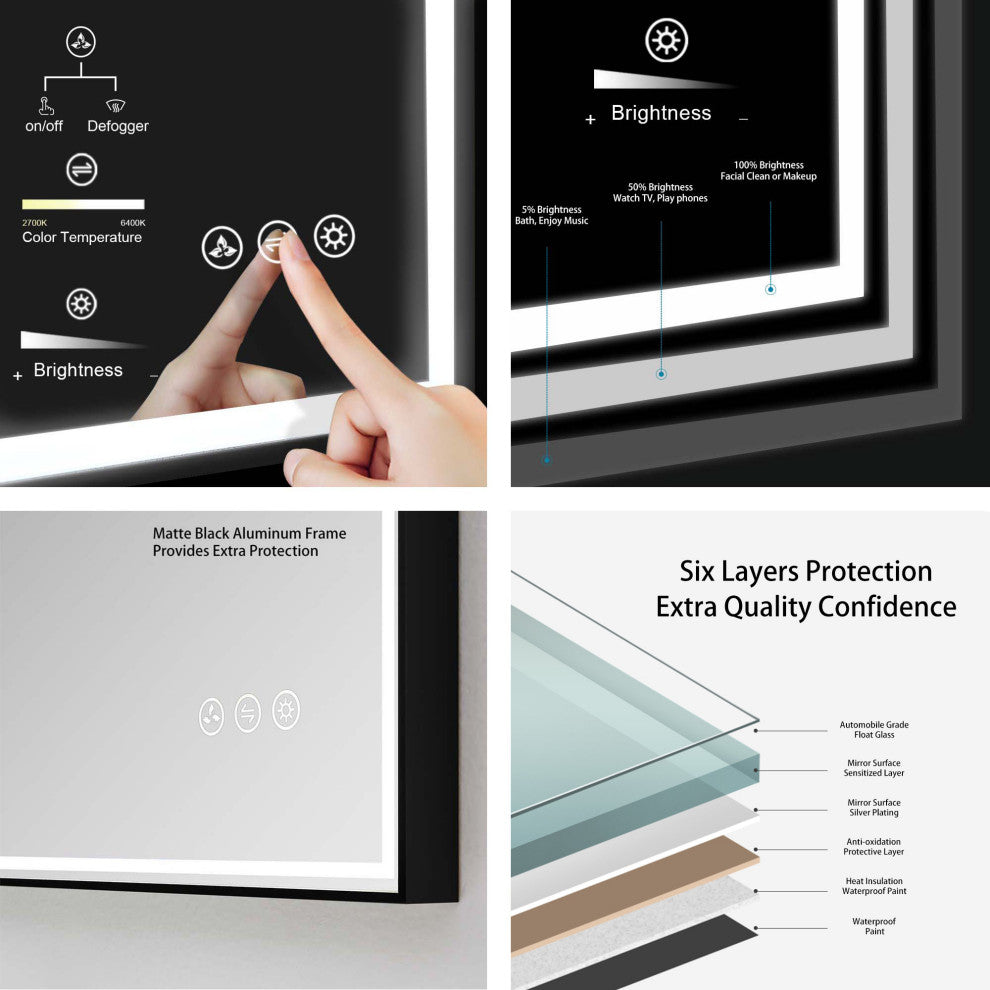 Fogless, Dimmable, Color Temperature Adjustable LED Mirror, Matte Black, 18x36