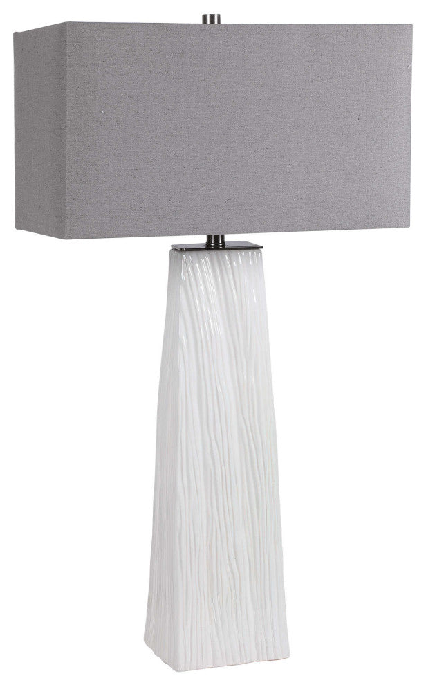 Luxe Modern Woodland Style Carved Ceramic Table Lamp Gloss White Organic Gray
