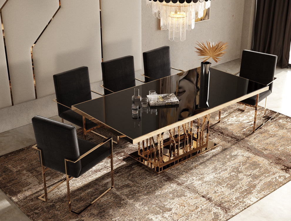Modrest Marston Modern Black Glass and Rosegold Dining Table