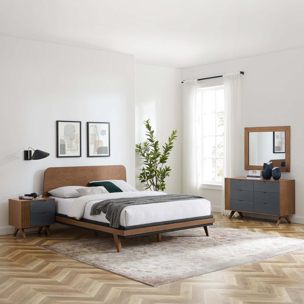 Platform Bed Dresser Chest Nightstand Set, Queen, Walnut, Wood, Modern