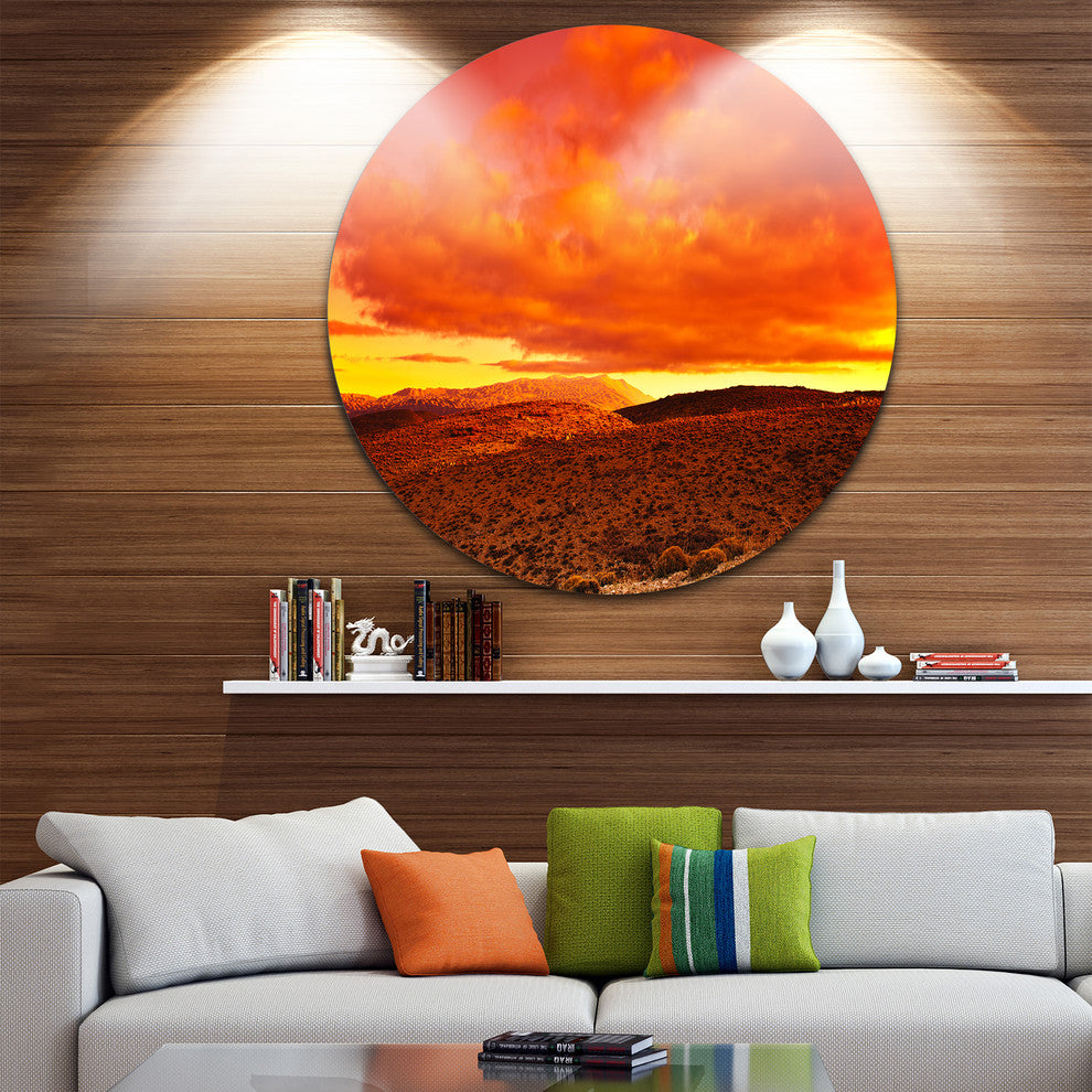 Dramatic Red Sunset At Desert, Large Disc Metal Wall Art Landscape, 23"