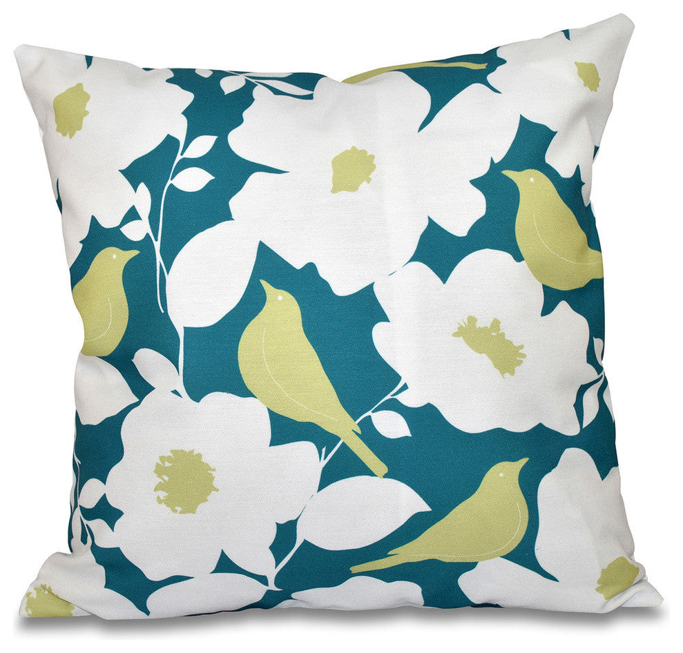 Modfloral, Floral Outdoor Pillow, Teal, 18"x18"