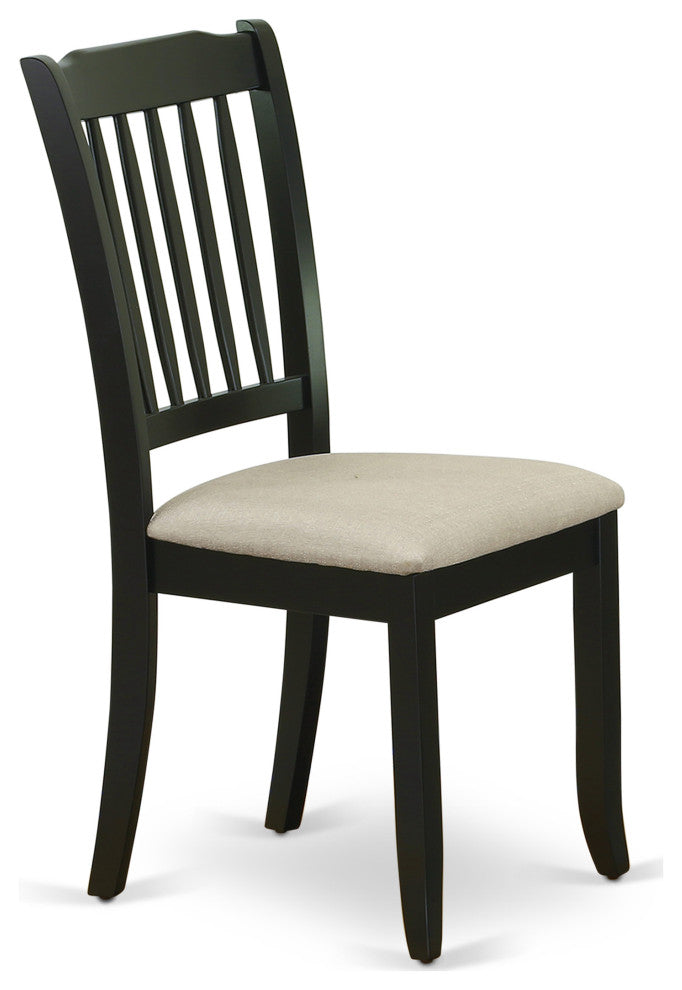 Vertical Slatted Back Chairs, Linen Fabric Fabric Seat In Black- Set Of 2