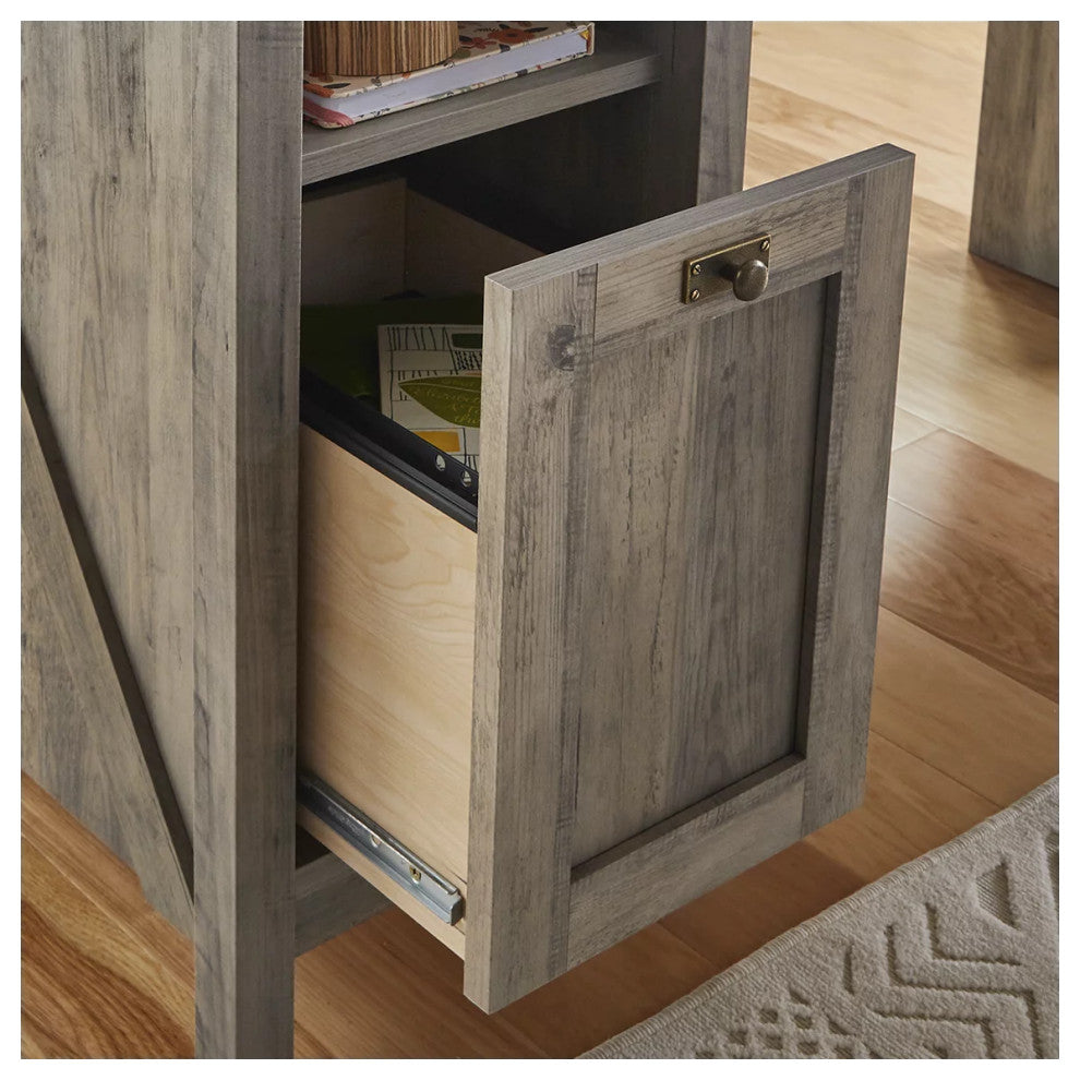 Farmhouse L-Shaped Desk, Storage Cabinet & Large Top With Grommets, Rustic Gray