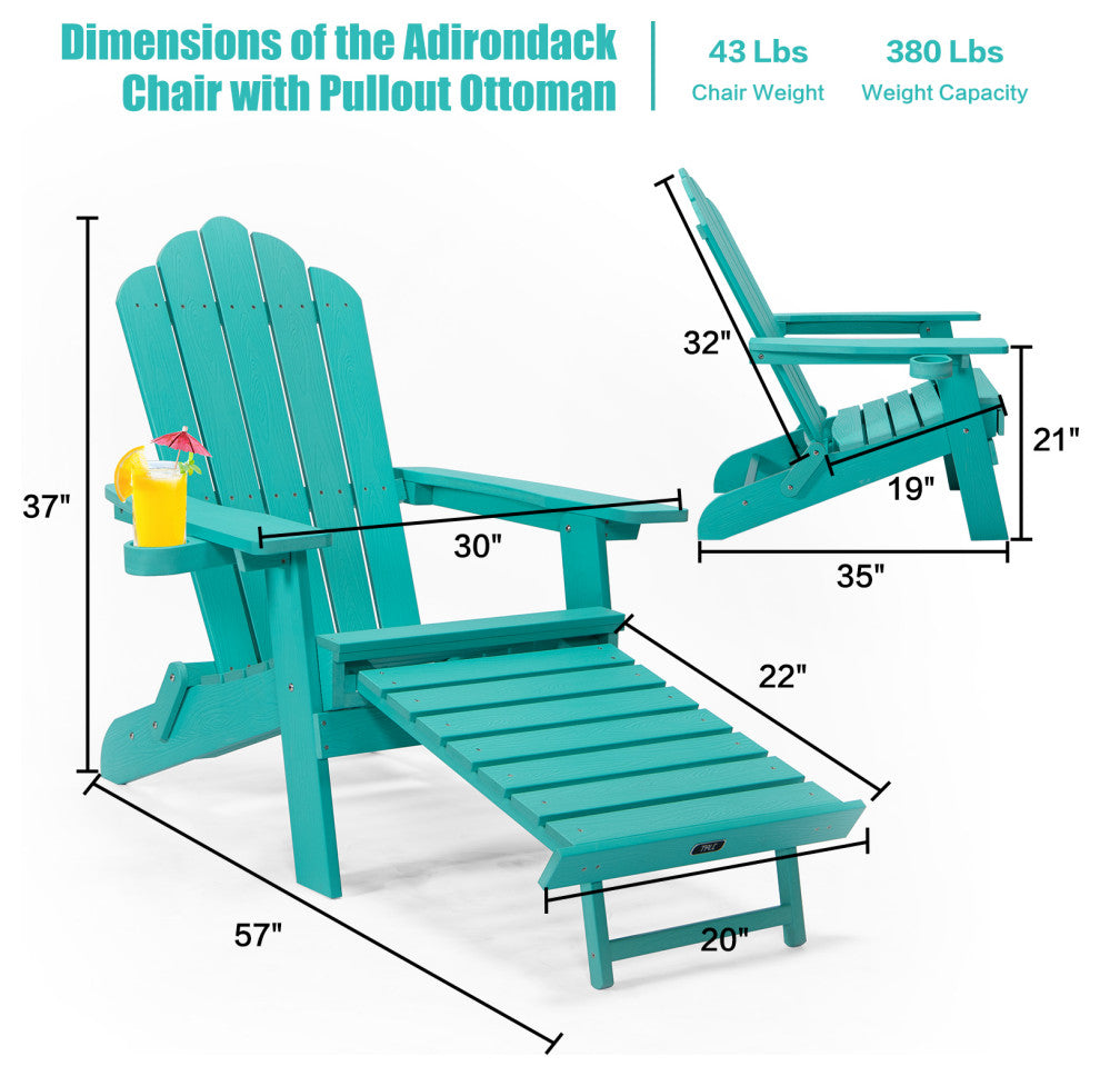 Adirondack Oversized Chair, Pullout Ottoman With Cup Holder, Green