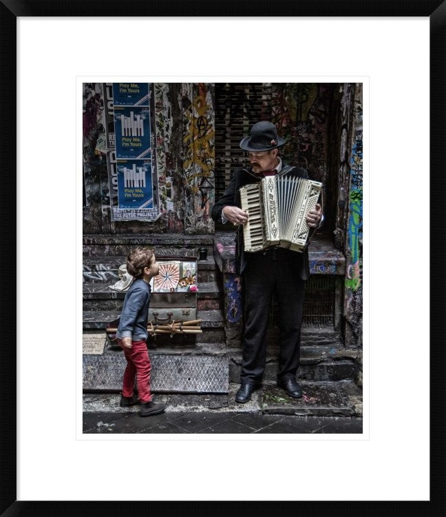 "The Busker And The Boy" Framed Digital Print by Vince Russell, 20"x24"