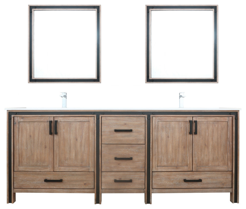 Ziva 84 Barnwood DB Vanity, Cultured Marble Top, Square Sink, 34 Mirrors, Faucet