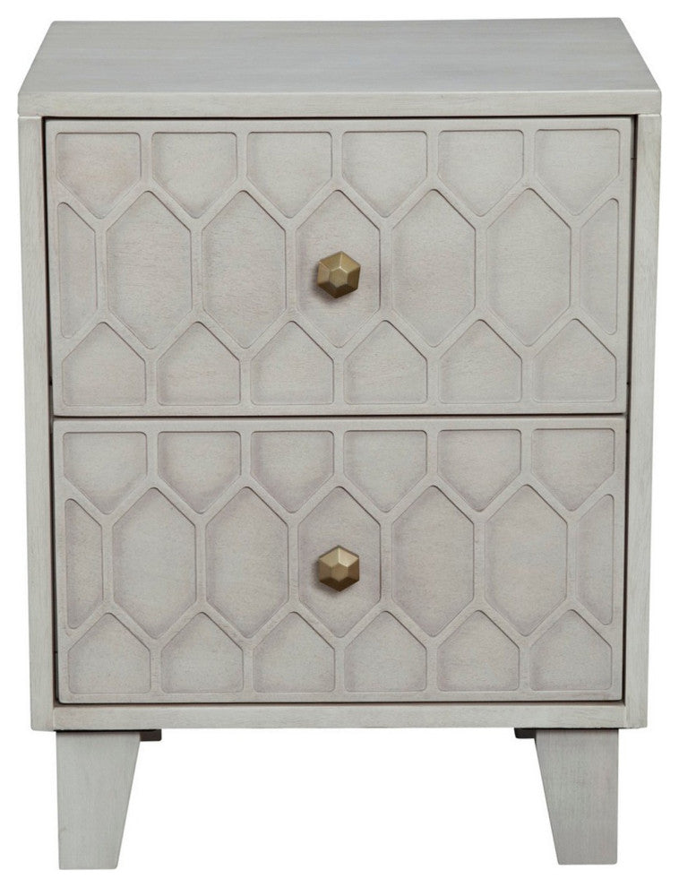 Benzara BM284279 Rue 26" 2 Drawer Nightstand Honeycomb Design, Light Gray