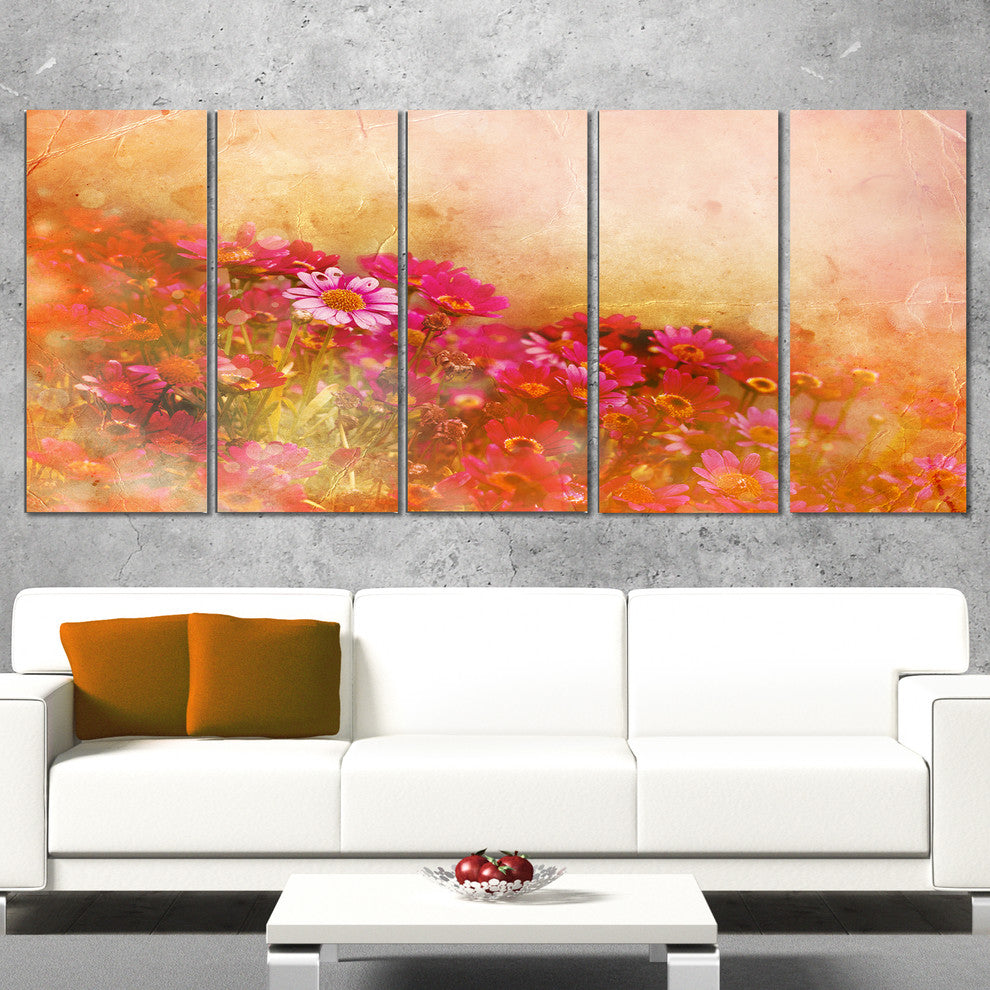 Beautiful Little Flowers in Spring, Floral Canvas Artwork, 60"x28", 5 Panels