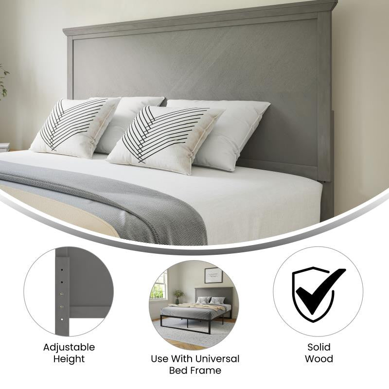 Fiona Herring Bone Wooden Adj. Headboard for Metal Bed Frames,Gray Wash-Queen