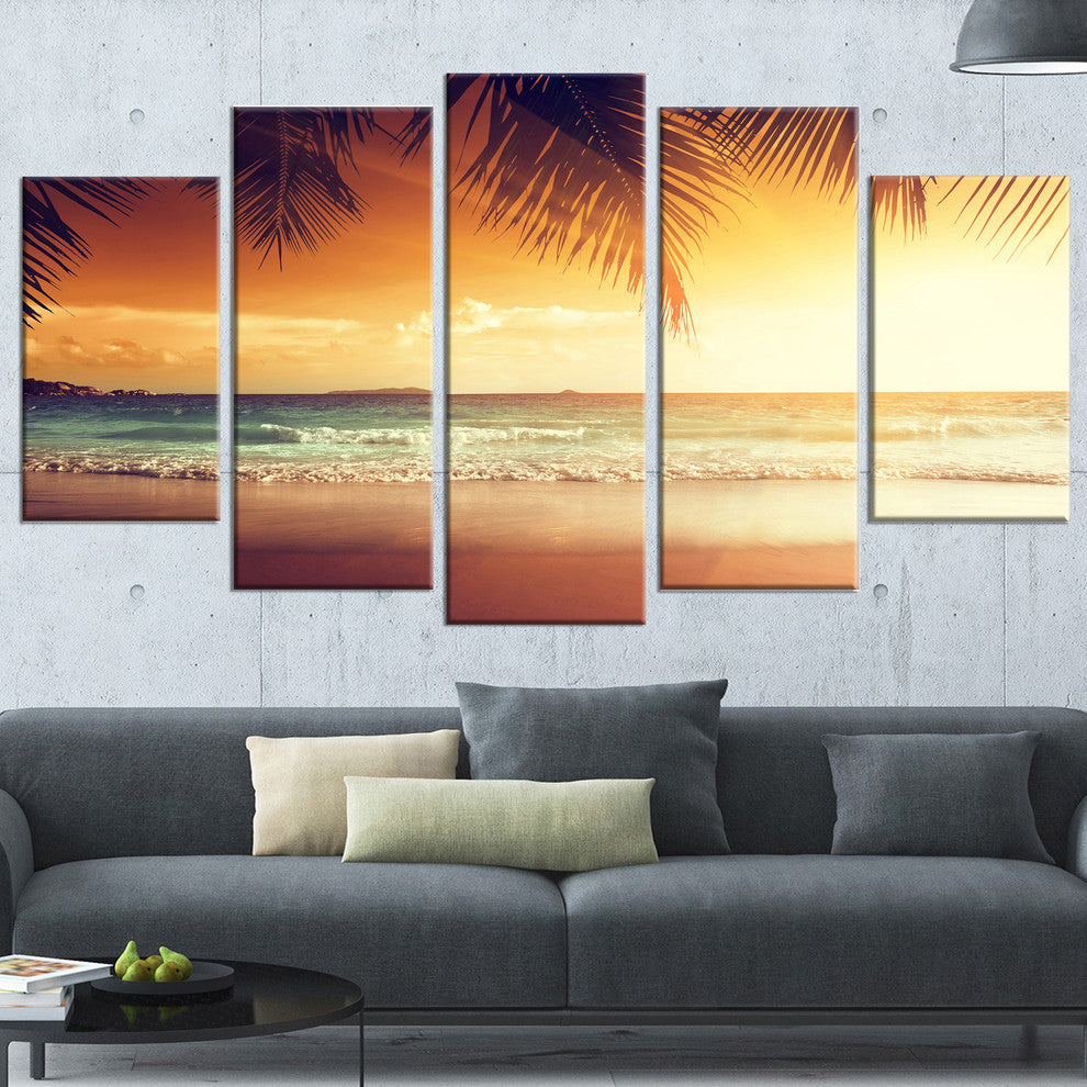 "Palm Leaves On Caribbean Seashore" Modern Seashore Wall Art, 5 Panels, 60"x32"