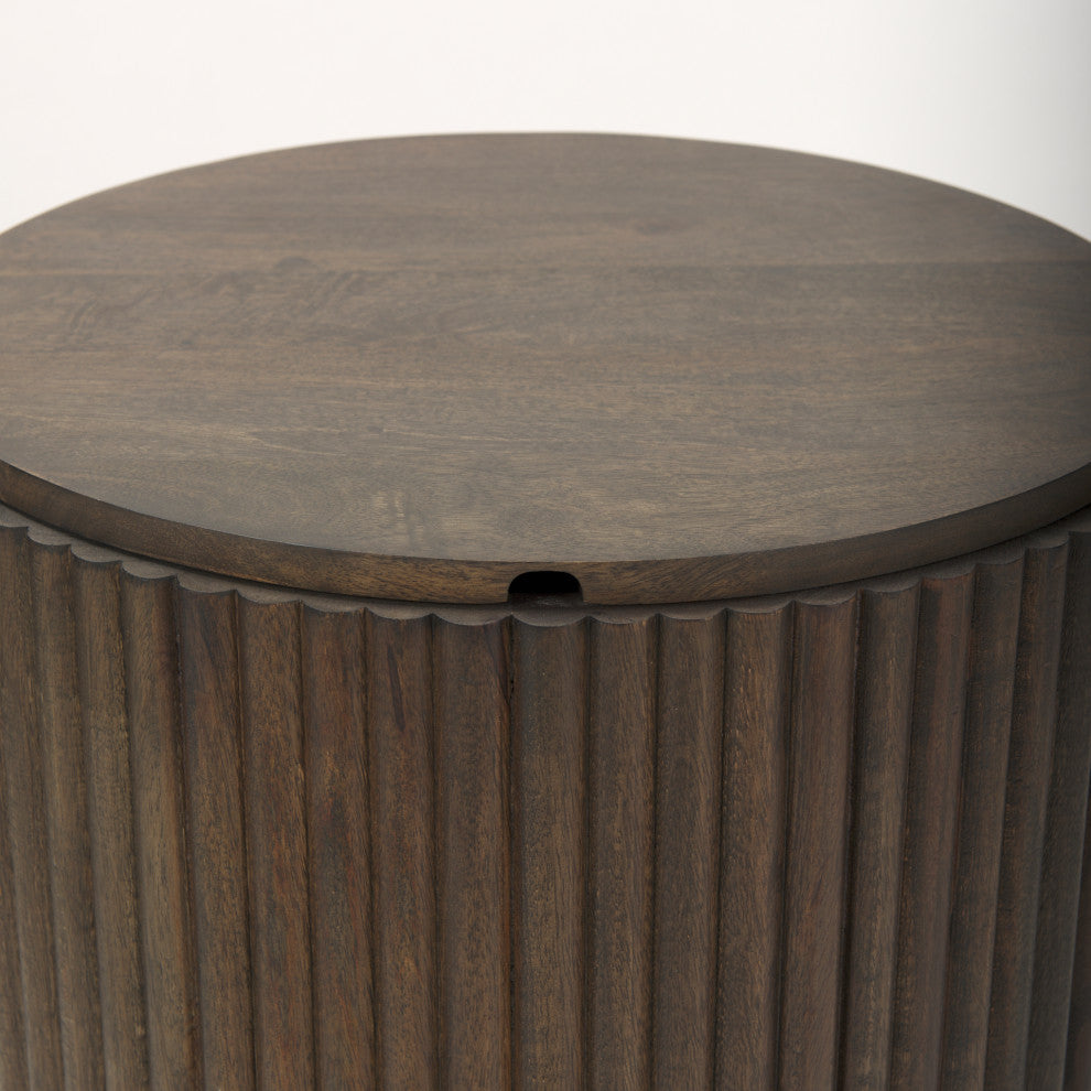 Terra Dark Brown Solid Wood Fluted Round Side Table