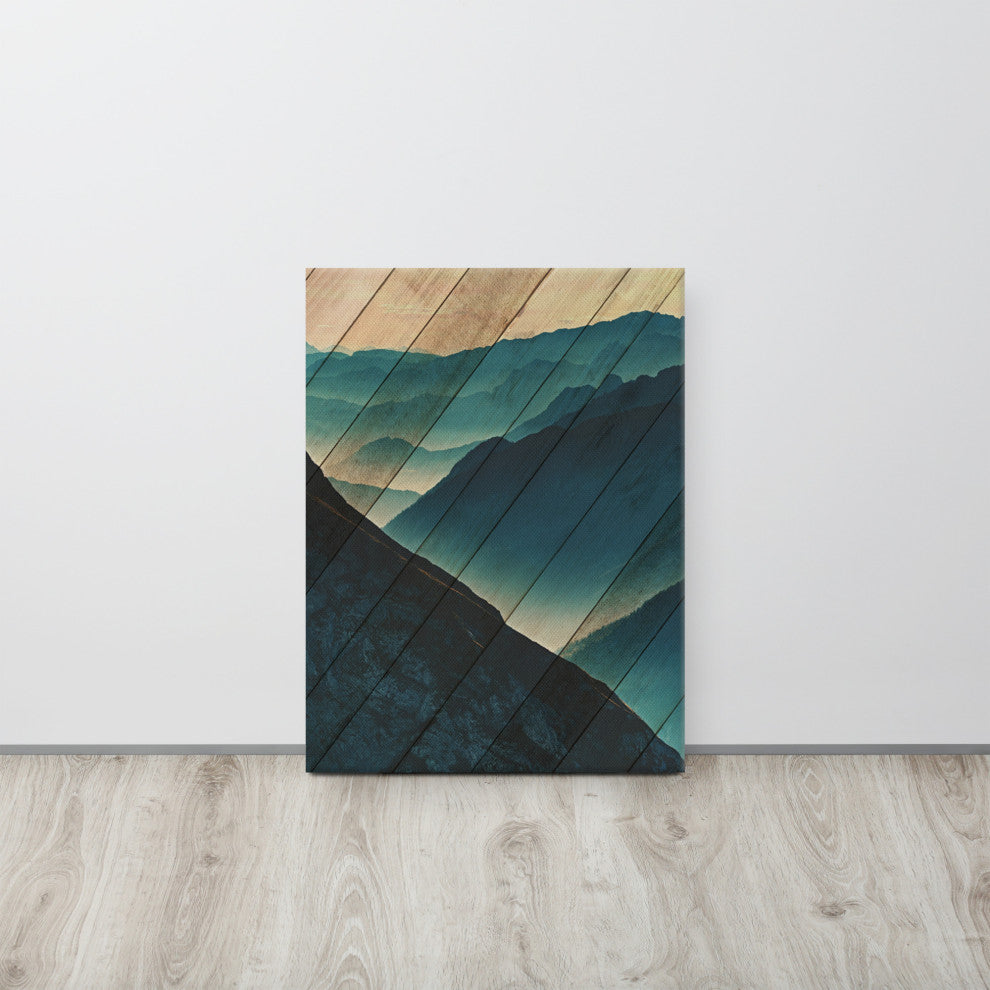 Faux Wood Misty Blue Silhouette Mountains Landscape Canvas Art Print, 18" X 24"