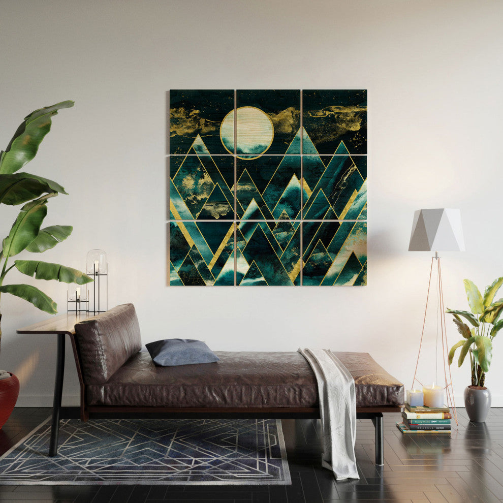 Nature Magick Gold Teal Geometric Mountains Wood Wall Mural