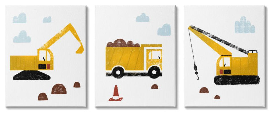 Illustration of Construction Trucks with Crayon Stylization3-Piece, 16x20