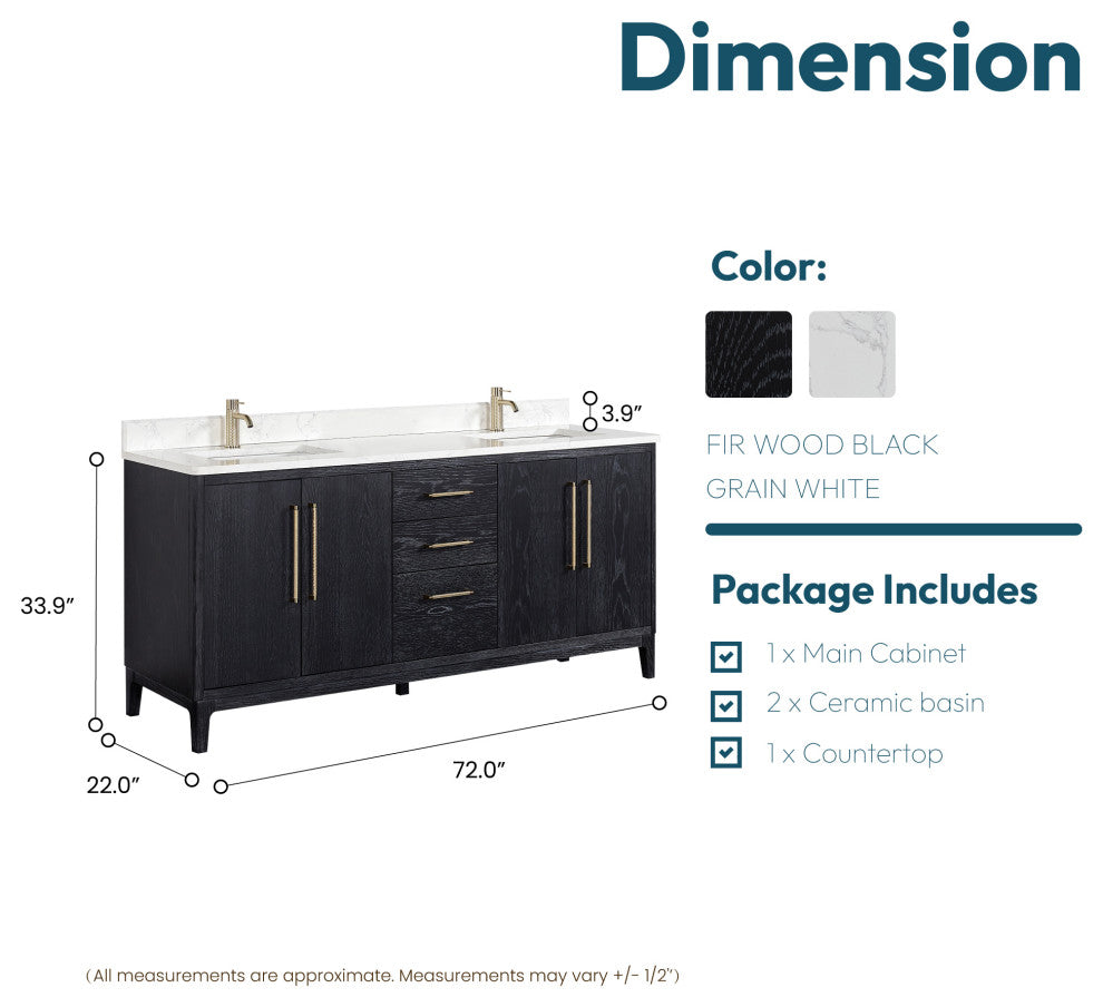 Gara Bath Vanity, Stone Top, Fir Wood Black, 72", Double Vanity, No Mirror
