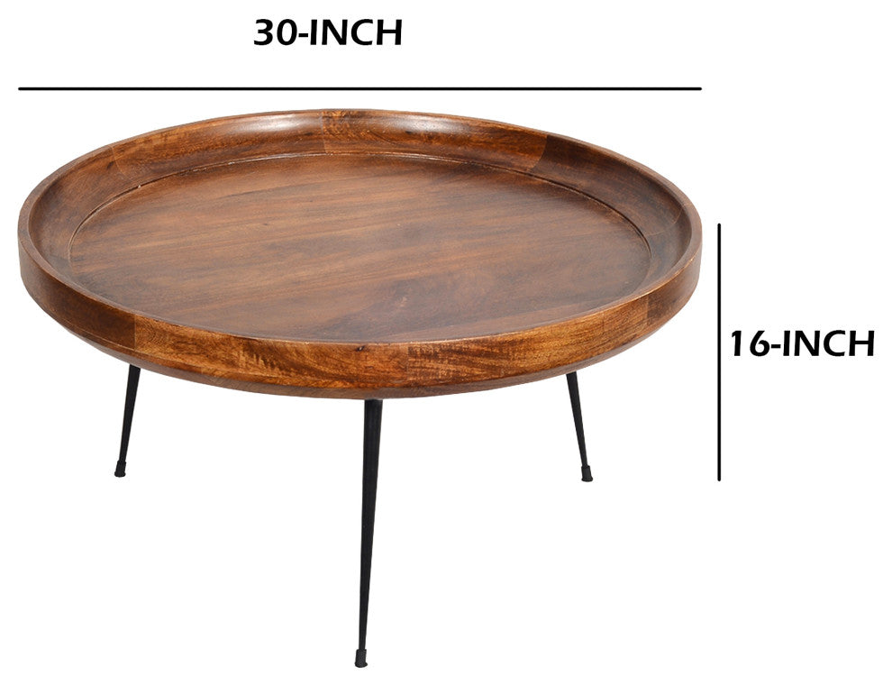 30" Wide Round Mango Wood Coffee Table With Splayed Metal Legs Brown and Black