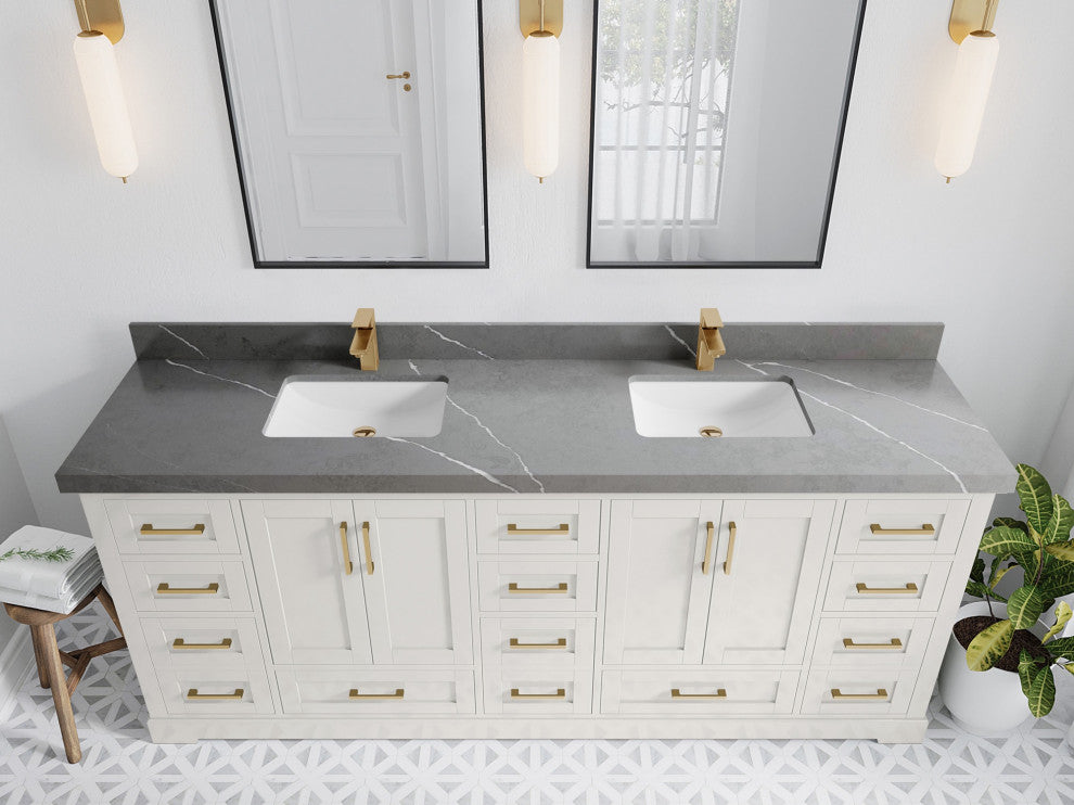 Boston 84" Double Sink Bath Vanity in Alabaster 2" Piatra Gray