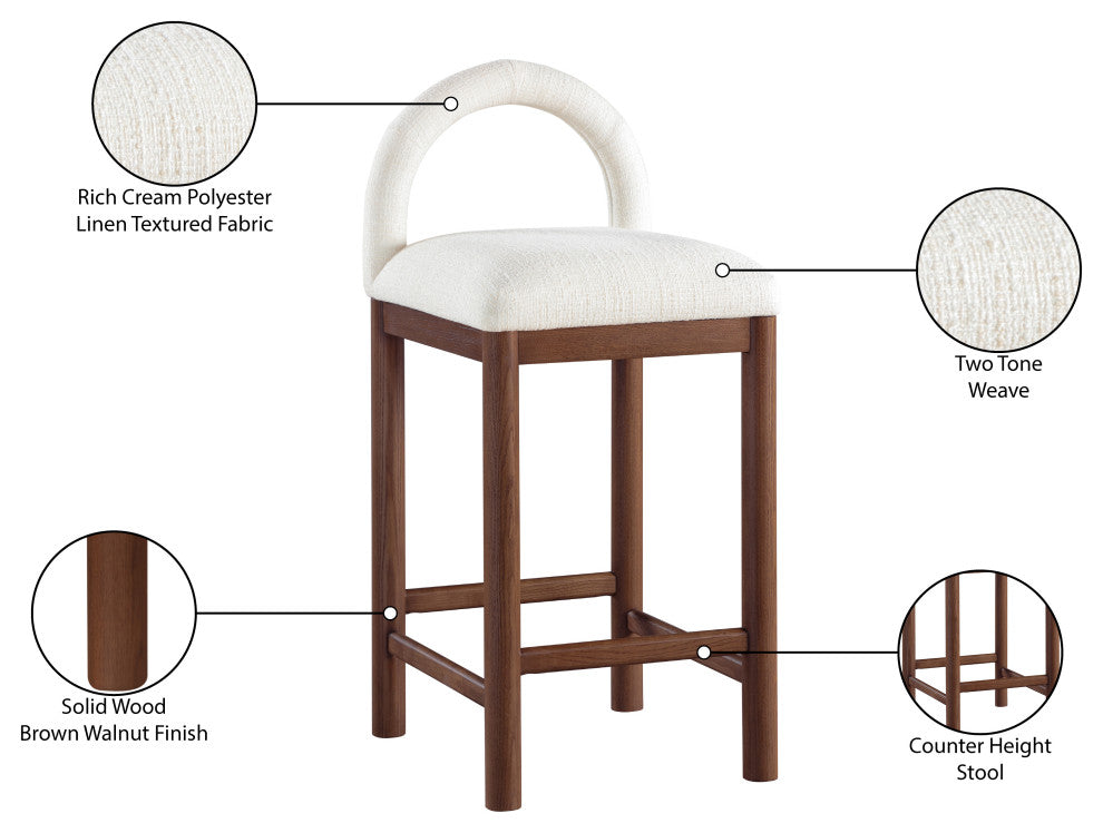 Conrad Upholstered Bar and Counter Stool, Cream, Linen Textured Fabric, Brown