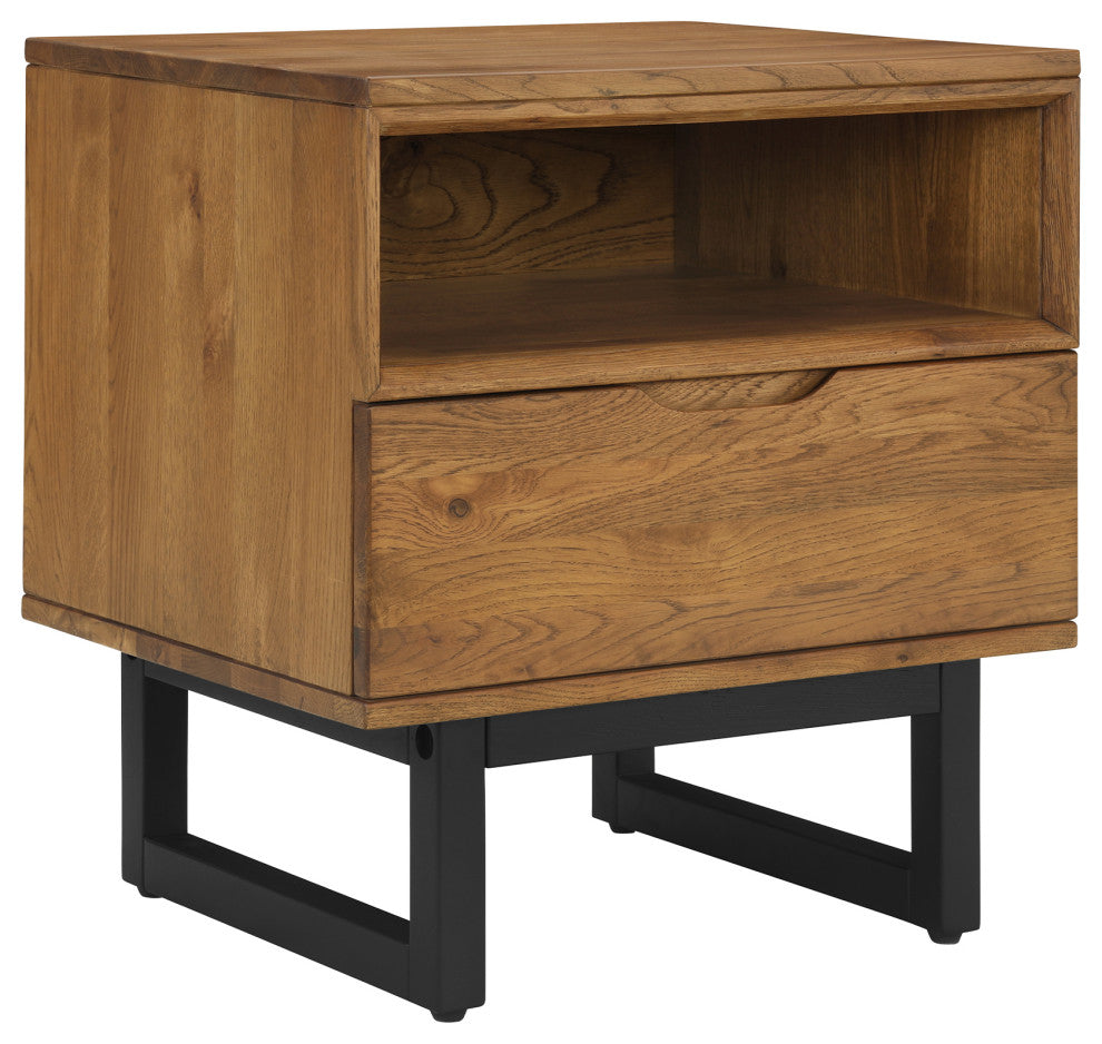 Aldo 1 Drawer Nightstand in Brown Oak Wood with Black Metal Legs