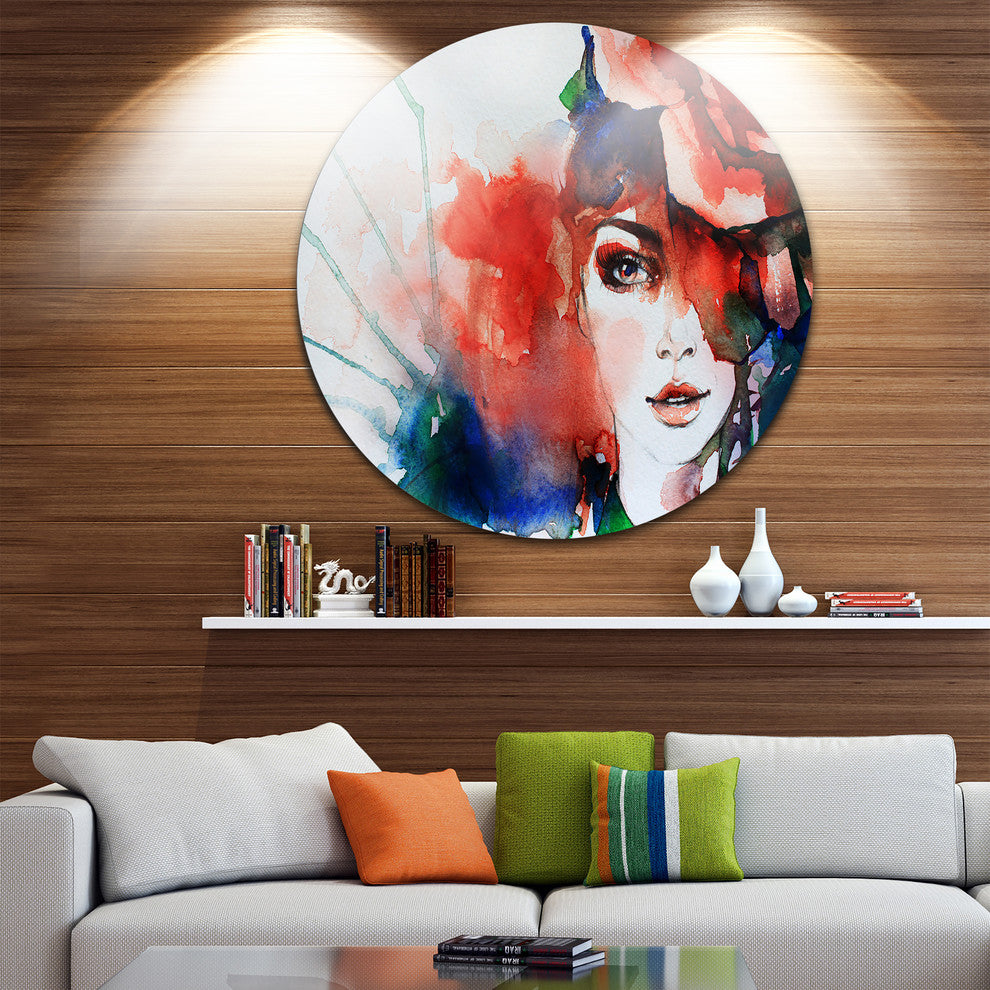 Woman With Rose Illustration, Abstract Round Wall Art, 23"