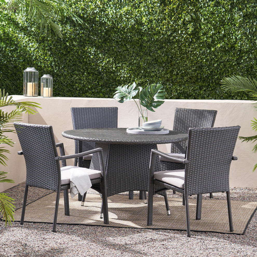 GDF Studio 5-Piece Oxford Outdoor Gray Wicker Dining With Cushions Set